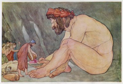 Ulysses ger vin till kykloperna (färg litho) av English School