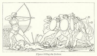 Ulysses dödar friarna (litho) av English School
