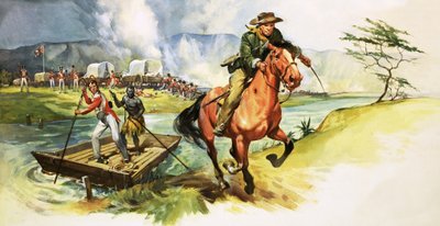 Oidentifierad cowboy rider bort från floden med engelska soldater under attack på andra stranden av English School