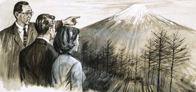 Oidentifierad man pekar på berget Fuji i Japan av English School