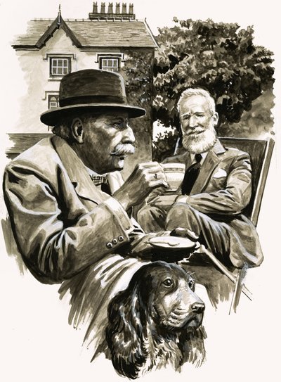 Unidentifiziertes Paar von Herren beim Teetrinken von English School