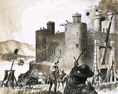 Oidentifierad belägring av ett slott med hjälp av en trebuchet av English School