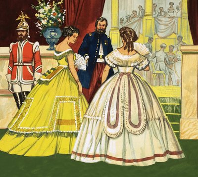 Uidentificerede kvinder i formelle kjoler, der deltager i en fest (1800-tallet) svensk av English School