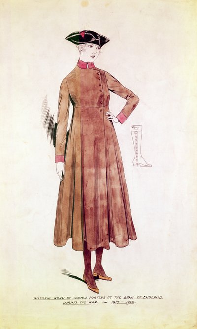 Uniform som bars av kvinnliga bärare vid Bank of England 1917-20 (penna och bläck med wc på papper) av English School