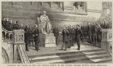 Avtäckning av statyn av den sene Charles Darwin i Natural History Museum, South Kensington av English School