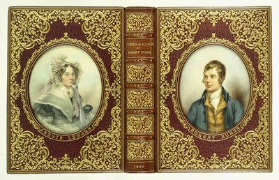 Övre och nedre omslag, och ryggrad, med ovala porträtt av Robert Burns och Jessie Lewars av English School