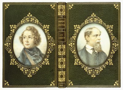 Övre och undre omslag, med två ovala porträtt av Charles Dickens av English School