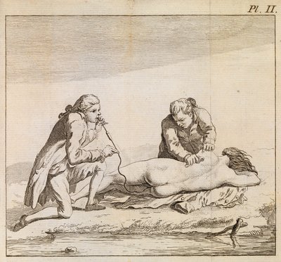 Använda en fumigator för att blåsa in tobaksrök i tarmarna på en drunknad kvinna för att underlätta återupplivning, ca 1790 (gravyr) av English School