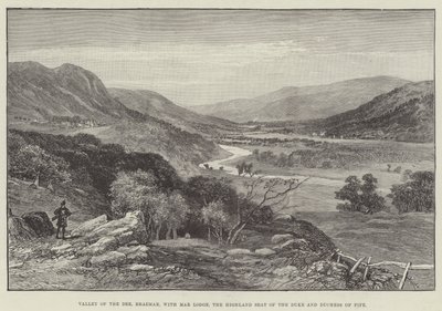 Valley of the Dee, Braemar, med Mar Lodge, höglandssätet för hertigen och hertiginnan av Fife (gravyr) av English School