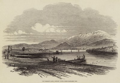 Van Diemens land, Hobart Town, från Kangaroo Bay (gravyr) av English School
