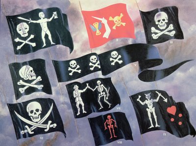 Olika flaggor som används av kända pirater (färg litho) av English School