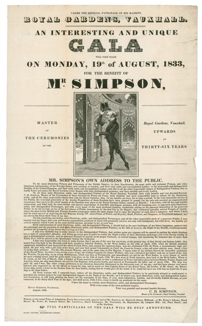 Vauxhall Gardens, förmån för Mr Simpson, 19 augusti 1833 av English School