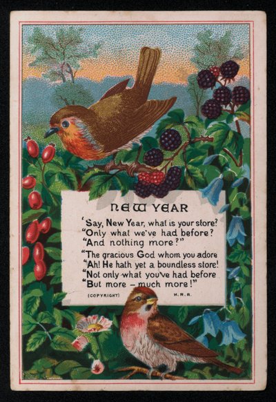 Vers, bär och fåglar, hälsningskort för nyår. (chromolitho) av English School