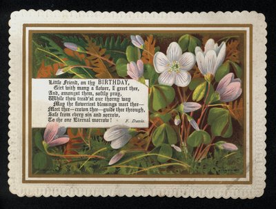 Vers av F Davis och blommor, födelsedagshälsningskort (chromolitho) av English School