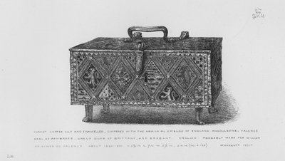 Victoria And Albert Museum: Skrin, förgylld och emaljerad i koppar, blöjd med Armorial Shields of England, Angoulesme, Valence, Earl of Pembroke, Dreux Duke of Bretagne och Brabant, engelska, troligen gjord för William eller Aymer de Valence, omkring 1290- av English School