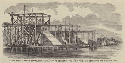 Victoria Bridge, uppförande av byggnadsställningar inför färdigställandet av stenpelarna och påbörjandet av järnvägstunneln (gravyr) av English School