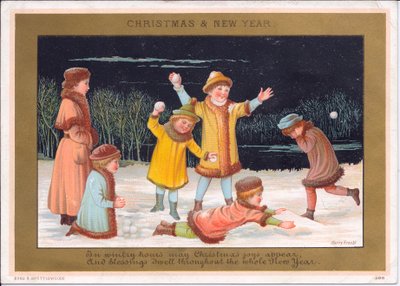 Viktorianskt jul- och nyårskort med barn som leker i snön och kastar snöbollar, ca 1880 (litho i färg) av English School