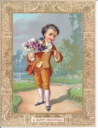 Viktorianskt julkort av en ung pojke klädd i viktorianska kläder som håller i en bukett blommor, ca 1880 (färg litho) av English School