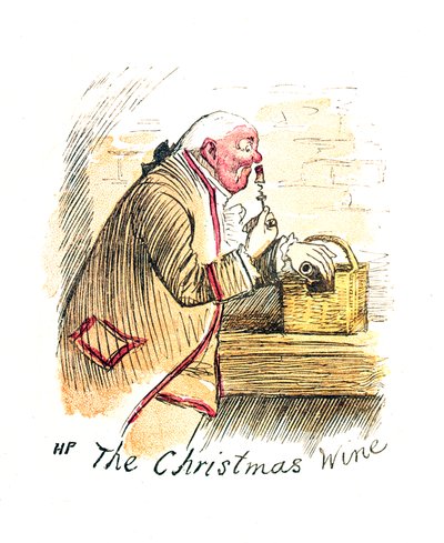 Viktorianskt julkort med titeln "The Christmas Wine" av English School