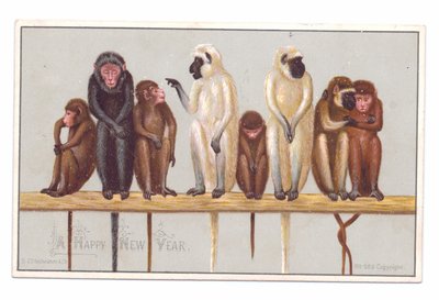 Viktorianskt nyårskort med åtta apor på en avsats, ca 1880 (färglitografi) av English School