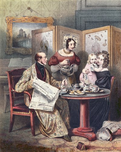 Viktoriansk familj vid frukost, ca 1840 av English School