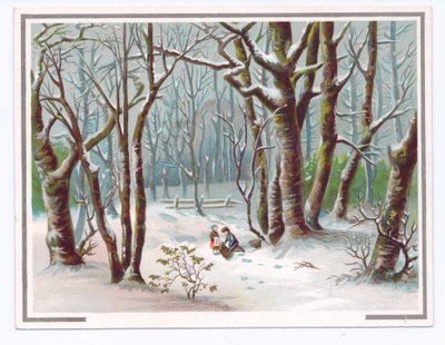 Viktorianskt gratulationskort av två barn som samlar grenar i snön, c.1880 (färg litho) av English School