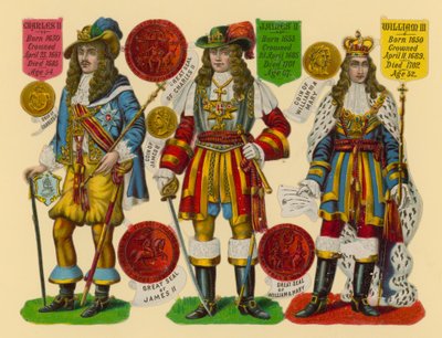 Victoriansk skrot: Kung Charles II, kung James II, kung William III. av English School