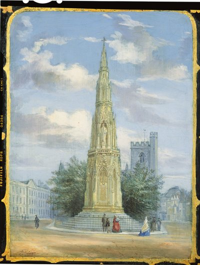Viktoriansk syskåpspanel dekorerad med en scen av Martyrs Memorial, Oxford (papier mache) av English School