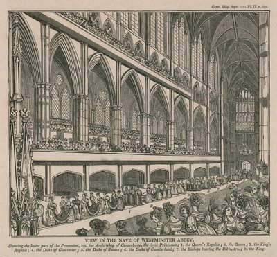 Utsikt i långhuset i Westminster Abbey under kröningen av kung William IV och drottning Adelaide av English School