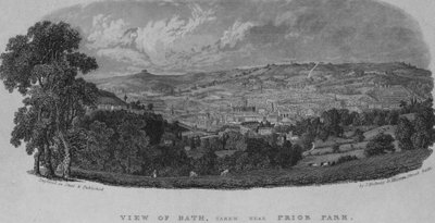 Utsikt över Bath, tagen nära Prior Park (gravyr) av English School