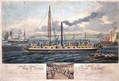View of British Steam Vessels, publicerad av R. Ackermann, 1820-51 (färgad akvatint) av English School
