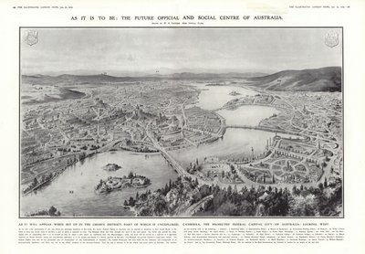 Utsikt över Canberra, föreslagen federal huvudstad i Australien, 1913 av English School