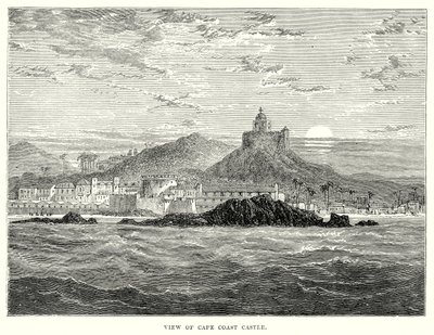 Vy över Cape Coast Castle (gravyr) av English School
