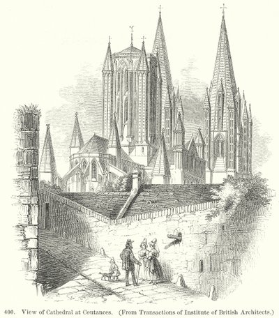 Vy över katedralen i Coutances (gravyr) av English School