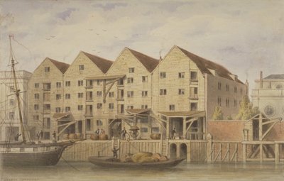 Utsikt över Chamberlains Wharf, Tooley Street, 1846 (wc på papper) av English School