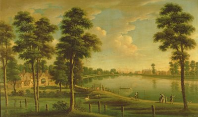 Utsikt över Chelsea Reservoir och Waterworks, med Westminster Abbey i fjärran, ca 1725 av English School