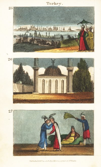 Utsikt över Konstantinopel (Istanbul) i början av 1800-talet 25, muslimsk moské med kupol och minareter 26 och unga grekiska kvinnor som kysser varandra på ögonen 27 av English School