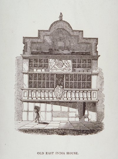 Vy över East India House, med figur framtill, c.1700 av English School