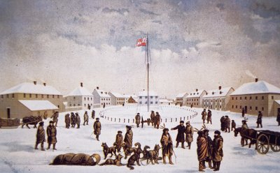 Utsikt över Fort Garry (färg litho) av English School