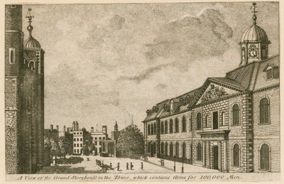 Utsikt över Grand Storehouse i Tower of London med vapen för 100 000 män av English School