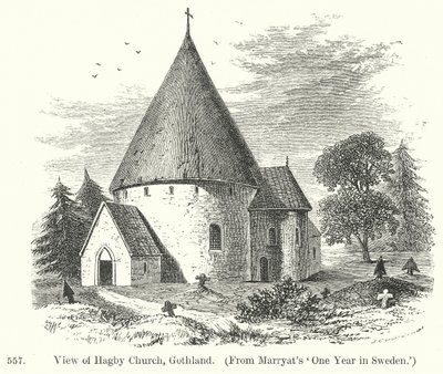 Vy över Hagby kyrka, Gothland (gravyr) av English School