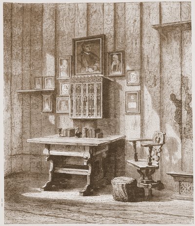 Vy över Luthers rum i Wartburg, visar bläckfläcken på väggen, illustration från The History of Protestantism av James Aitken Wylie (1808-1890), pub. 1878 av English School