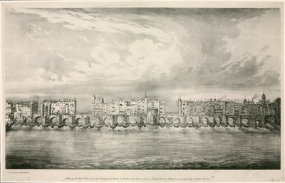 Utsikt över Old London Bridge som under drottning Elizabeth I:s regeringstid av English School