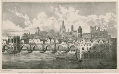 Utsikt över Old London Bridge som under kung Henrik VII:s regeringstid, cirka 1500 av English School