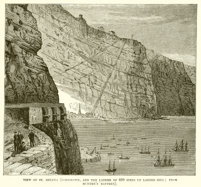 Utsikt över St. Helena (Jamestown och stegen med 600 steg uppför Ladder Hill; från Mundens batteri) av English School