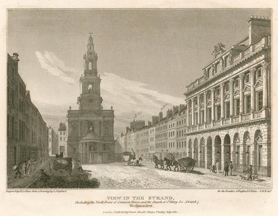 Ansicht des Strands, einschließlich der Nordfront des Somerset House und der Kirche St. Mary-Le-Strand, Westminster, London von English School