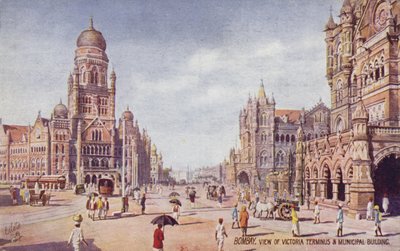 Vy över Victoria Terminus  Municipal Building, Bombay (färglitografi) av English School