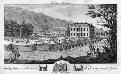 Vy över Voltaires Chateau på Ferney, från trädgården, pub. 1786. av English School