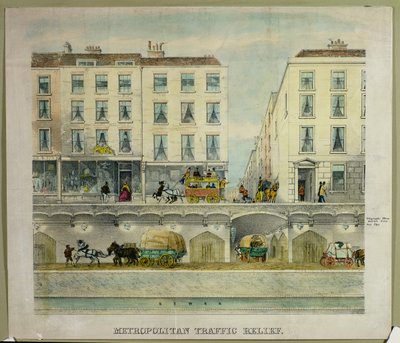 Vy över en gata i London med antydd tunnel under för trafikavlastning, ca 11850 (litografi) av English School