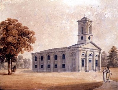 Utsikt över en nyklassisk kyrka i en park, ca 1790 (akvarell på papper) av English School